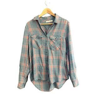 Billy T Plaid Button Down Shirt Lace-Up Back Hi-Low Hem Women’s Small‎